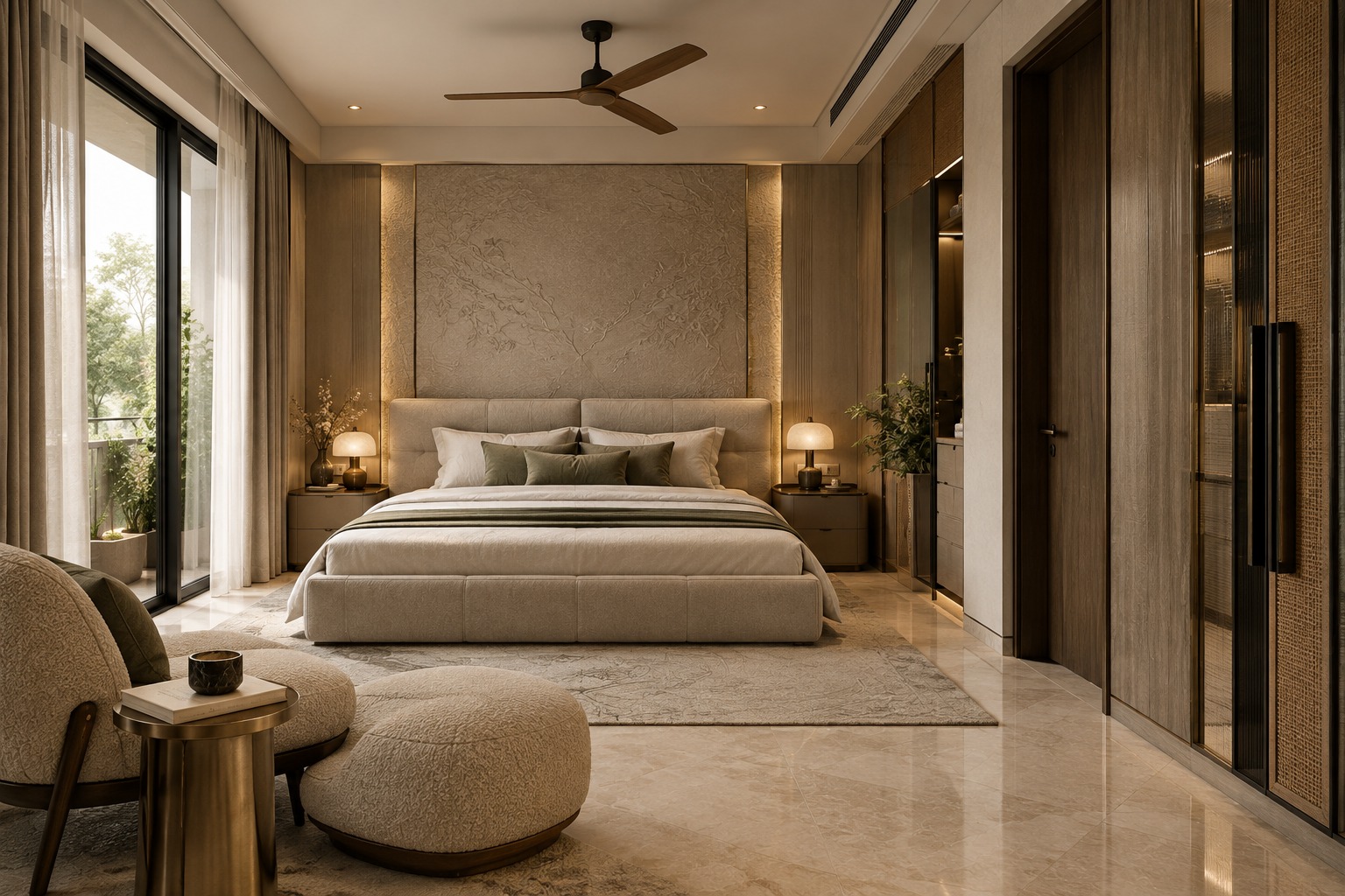 Imperial bedroom visualisation showing glazing and layered lighting; no code compliance is asserted