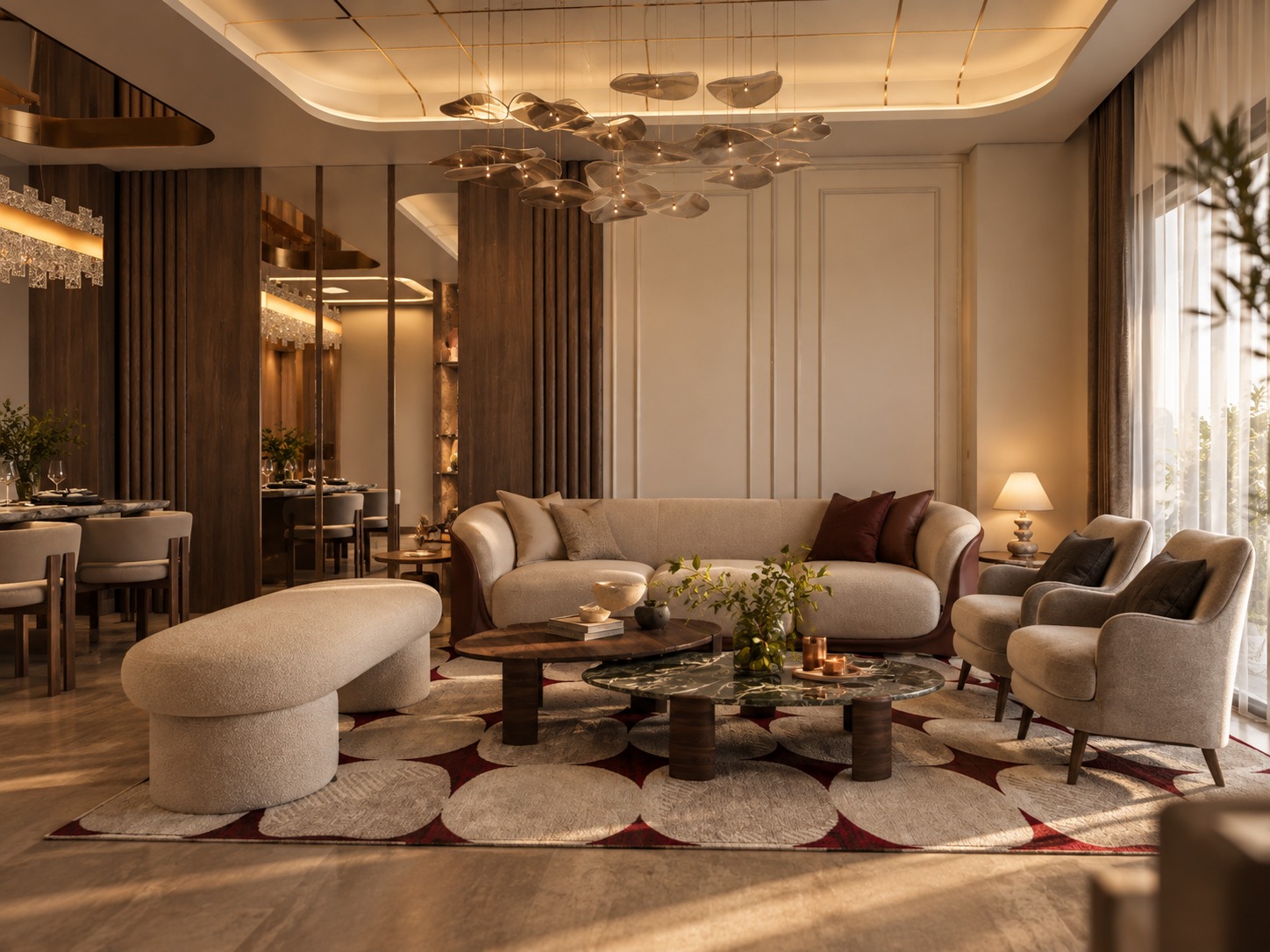 Imperial living-room visualisation with curved seating, layered lighting and warm timber finishes