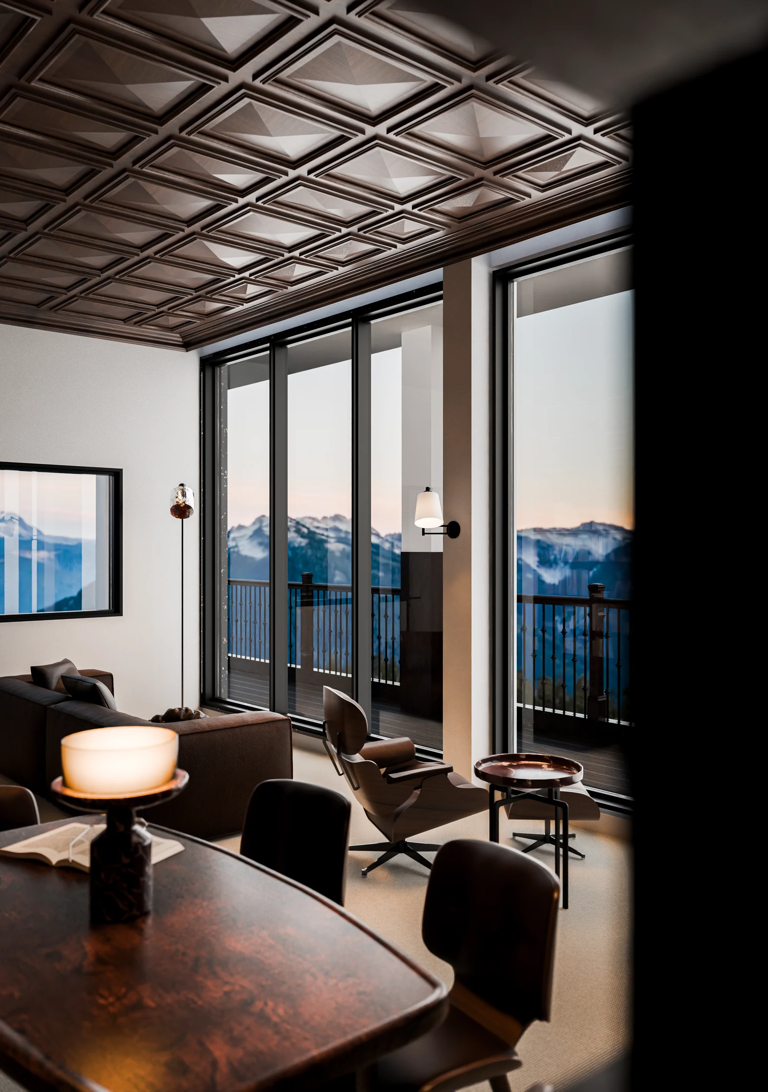 Reading seats beside mountain-facing windows in the Manali library
