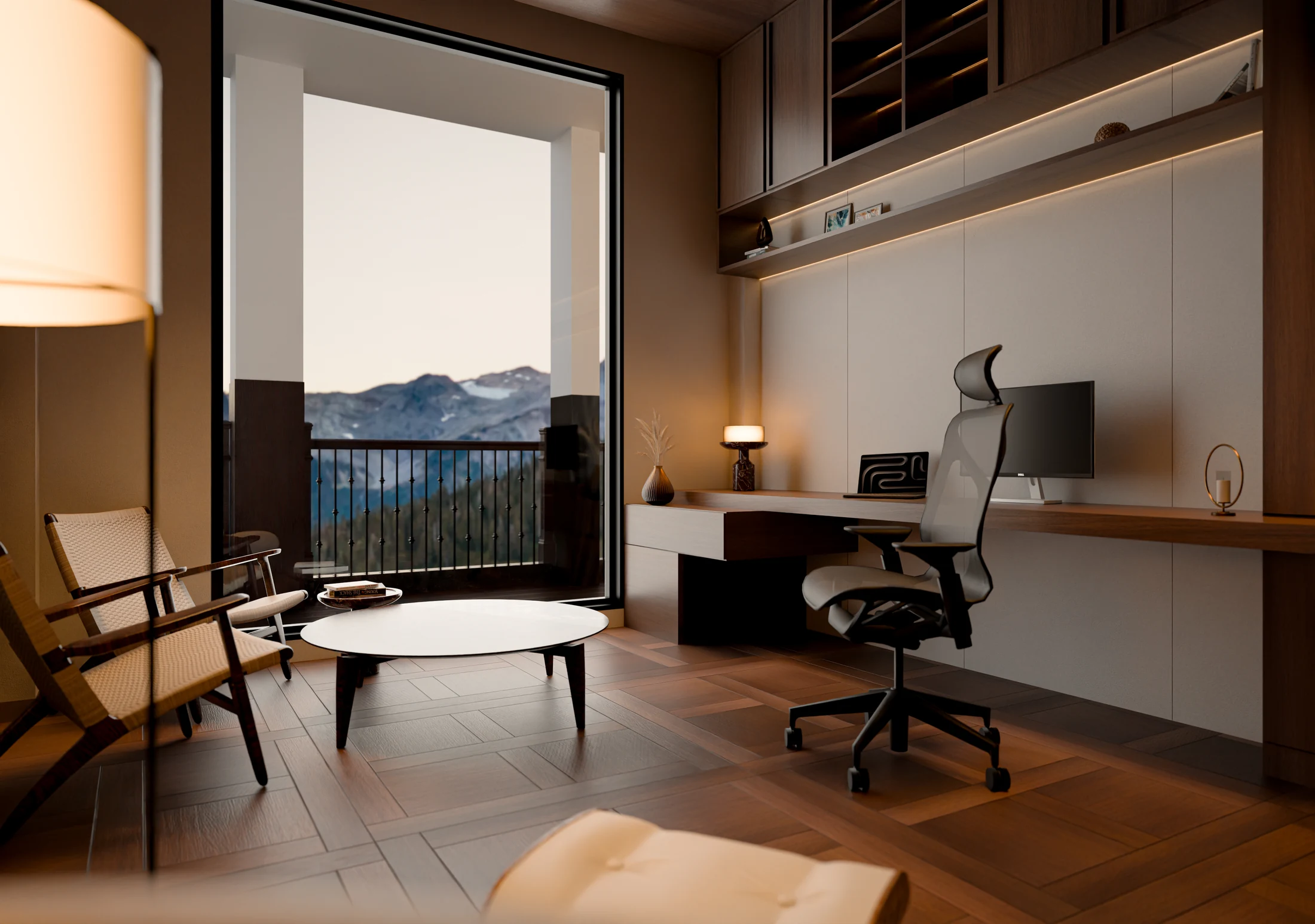 Manali study with desk, shelving and a mountain-facing opening