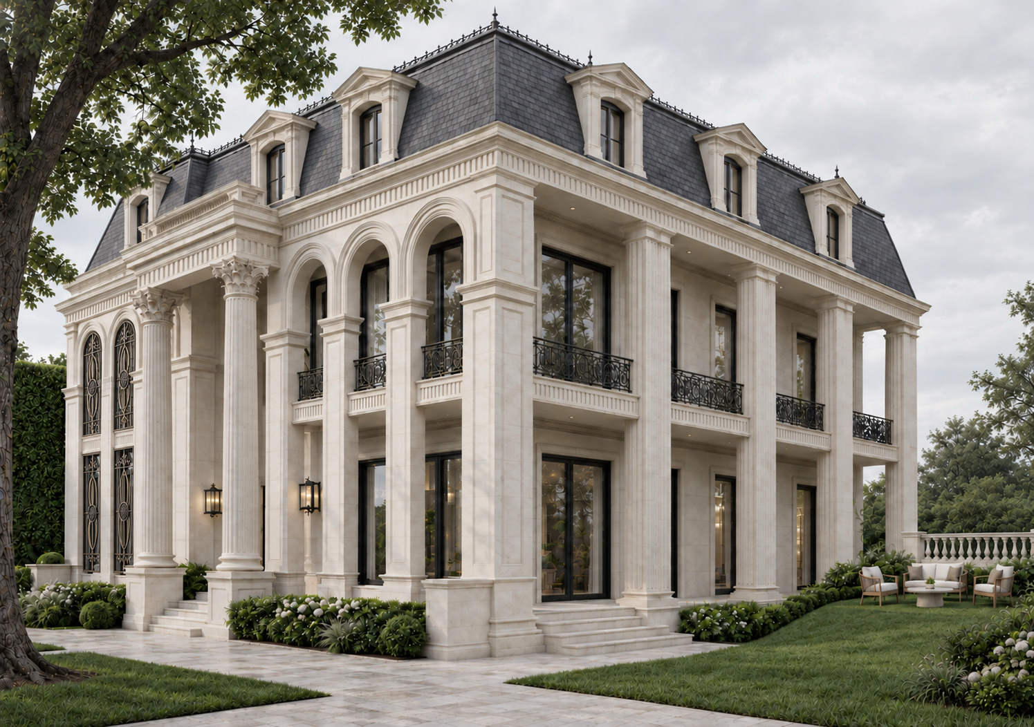 The Mansion final facade render, with pale columns and a slate-grey roof