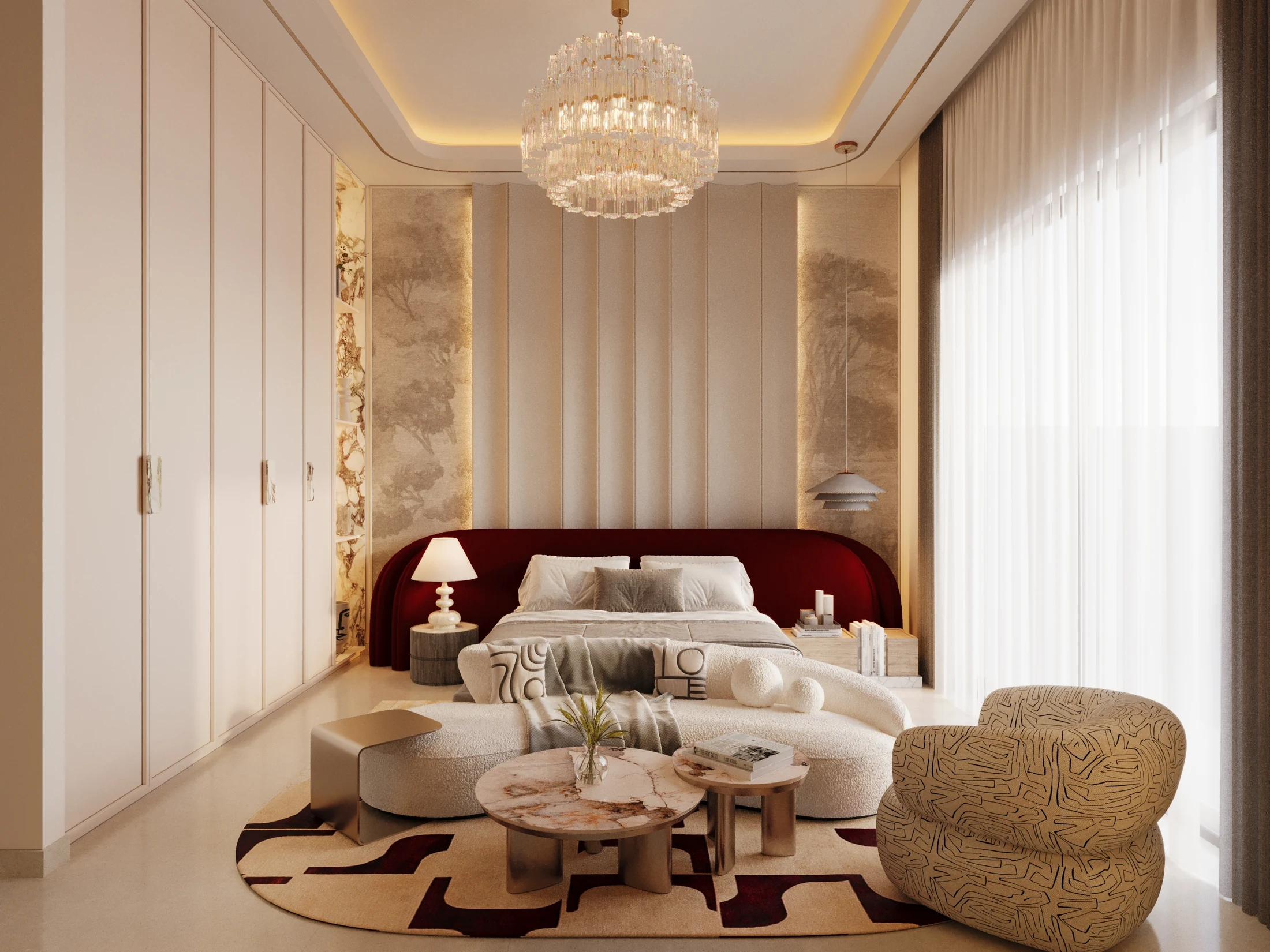 Mansion bedroom design with a curved red upholstered bed
