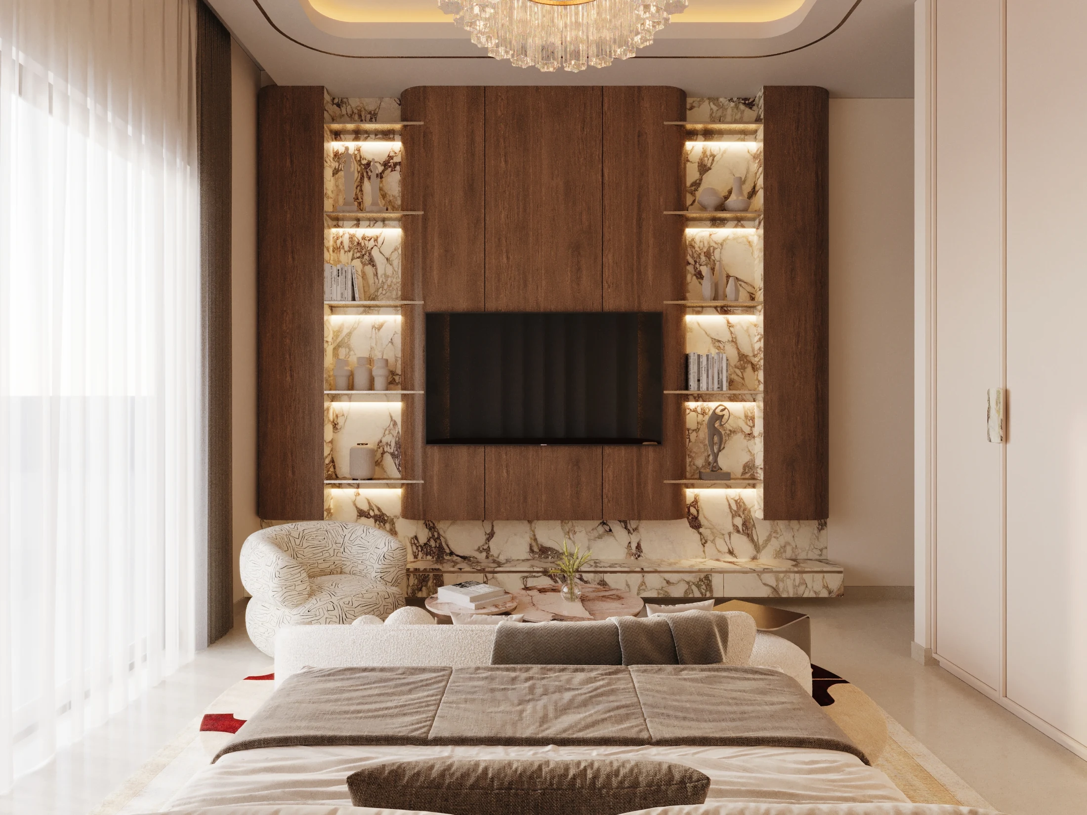Opposite view of the same Mansion bedroom showing its media wall