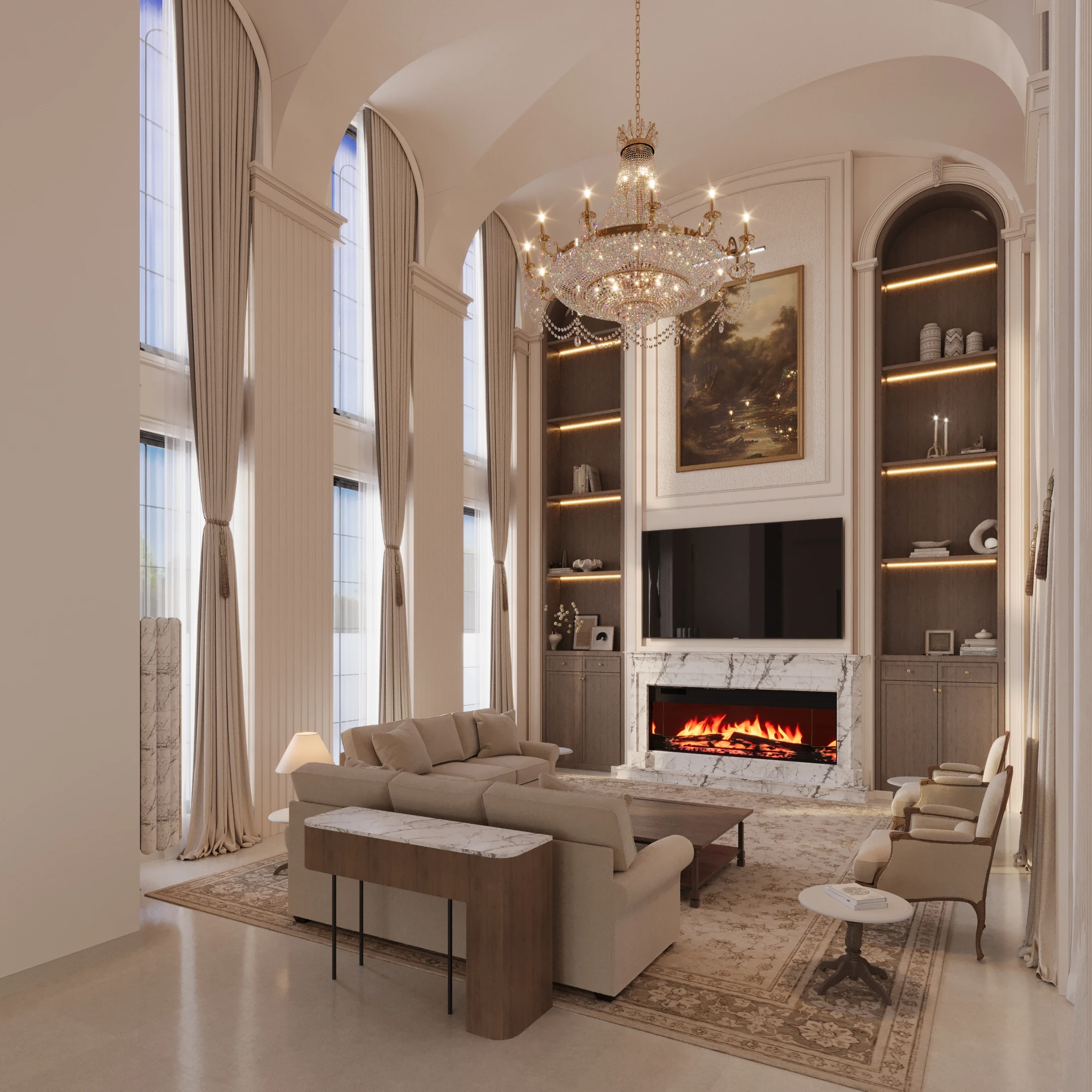 Double-height Mansion living room with curved seating and a fireplace